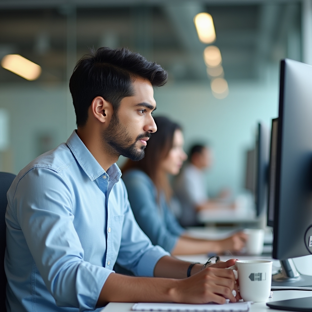 Junger Berufseinsteiger am digitalen Arbeitsplatz