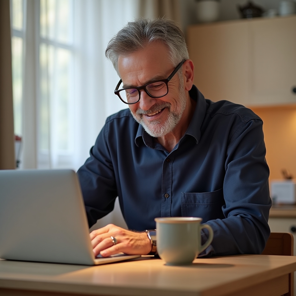 Ältere Frau lernt am Laptop mit Kaffeetasse
